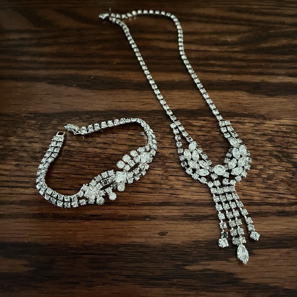 VTG Paste Rhinestone Necklace Bracelet Set Bridal Wedding Prom Silver Tone
